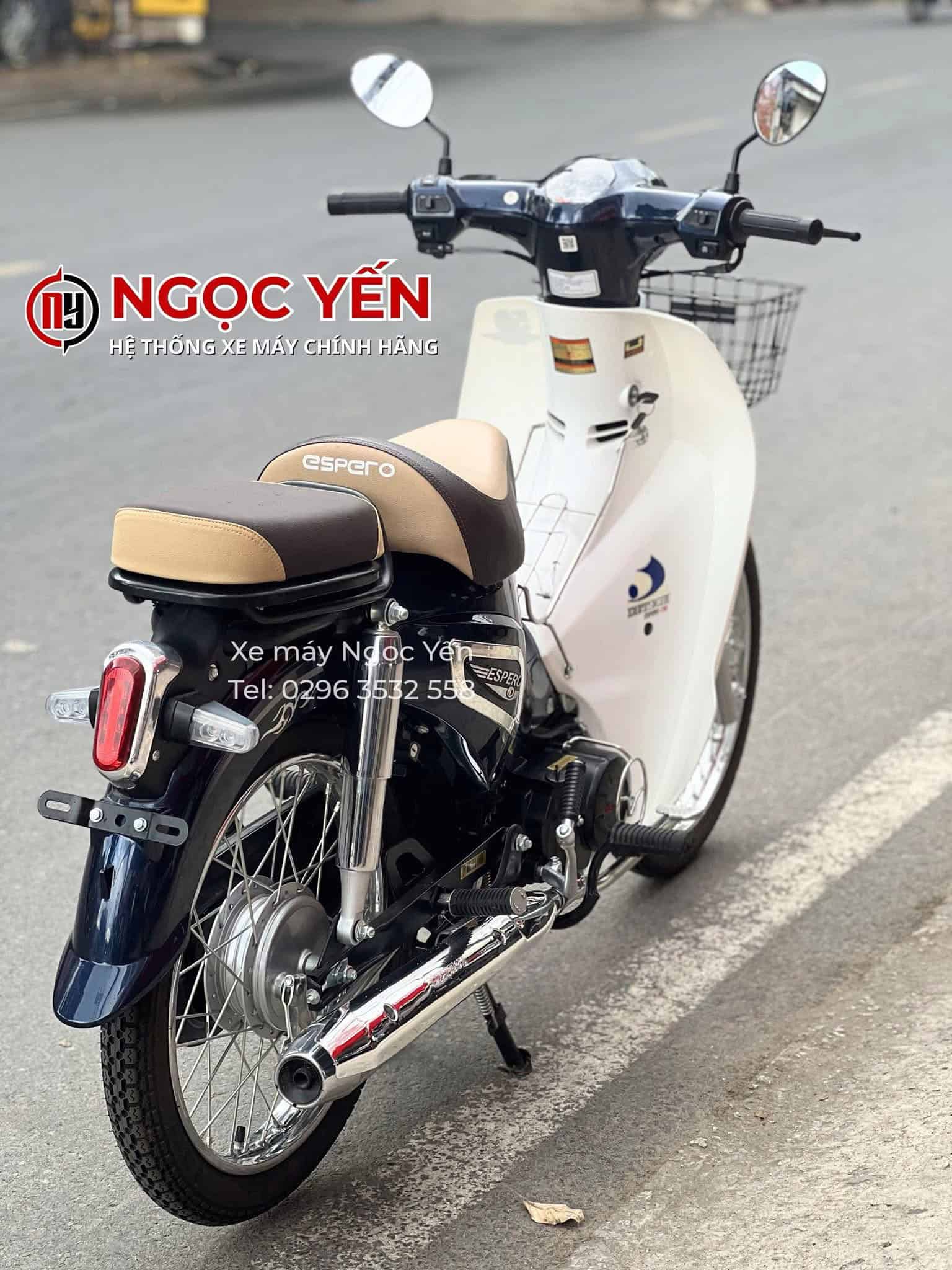 Xe máy Detech Espero Cub Kim Cương màu trắng và đen trên đường phố.