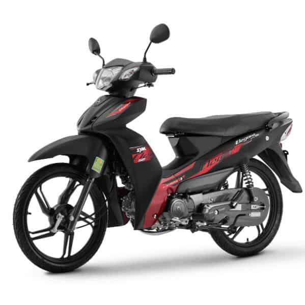Xe máy SYM Elegant Sport 50cc màu đen và đỏ, hình ảnh rõ nét.