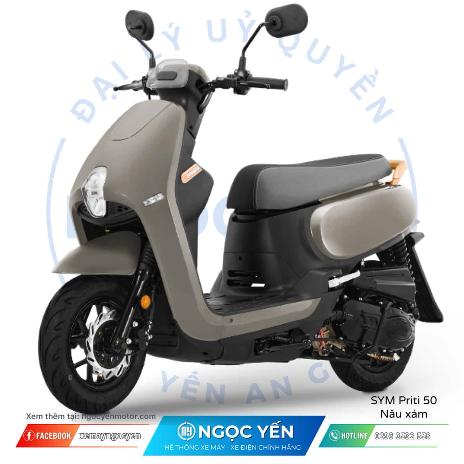 Xe máy 50cc SYM PRITI 50 màu xám, kiểu dáng nhỏ gọn, phù hợp di chuyển hàng ngày.