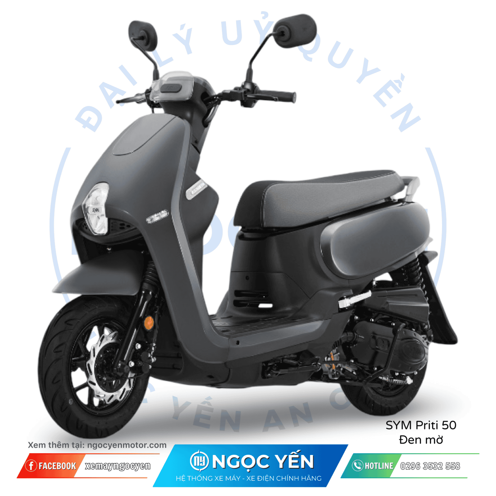 Xe máy 50cc SYM PRITI 50 màu đen mờ, kiểu dáng nhỏ gọn, phù hợp di chuyển hàng ngày.