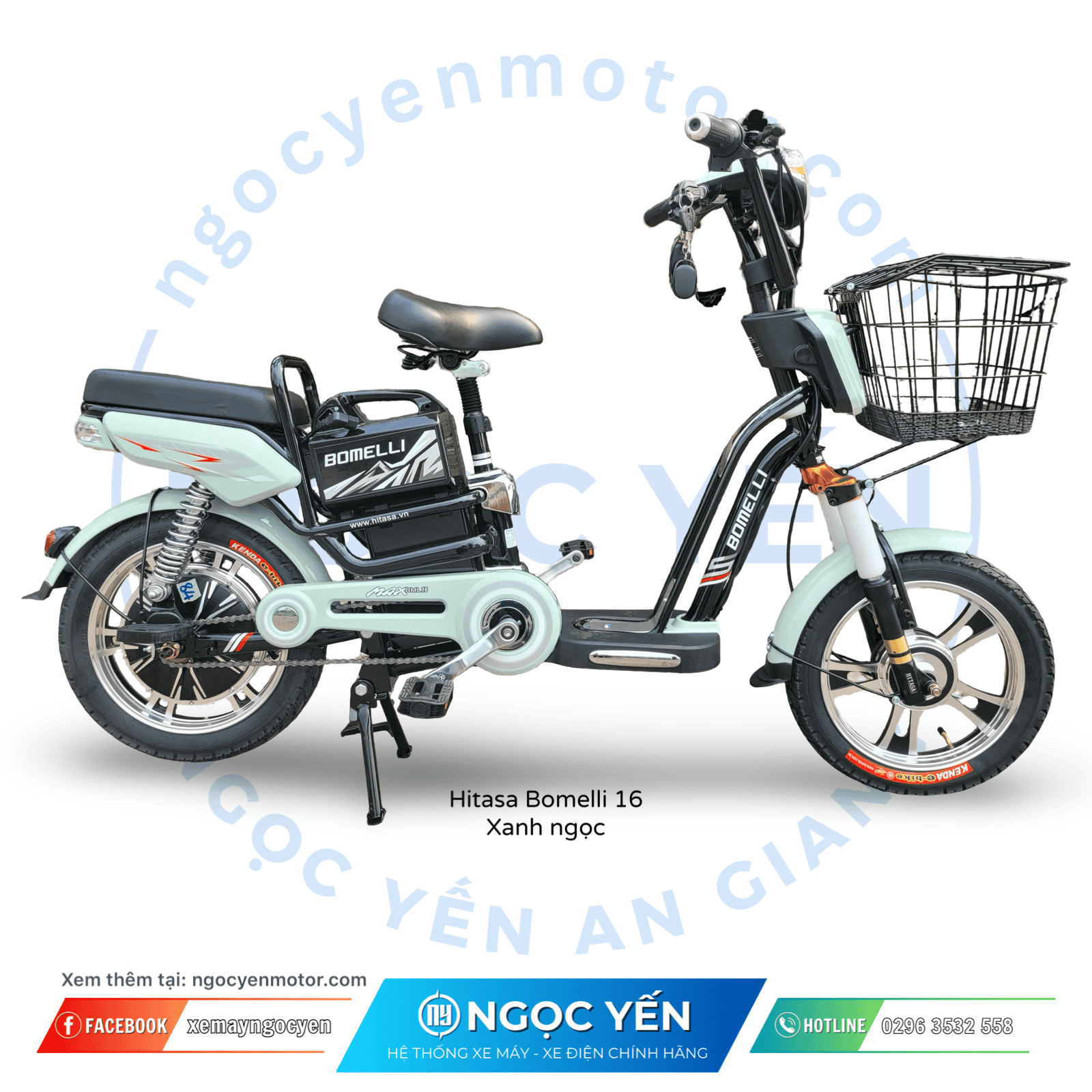 Xe đạp điện Hitasa Bomelli 16 màu xanh ngọc, có giỏ phía trước.