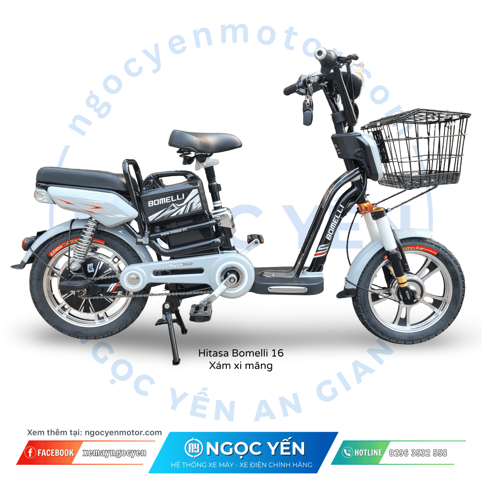 Xe đạp điện Hitasa Bomelli 16 với giỏ hàng phía trước.