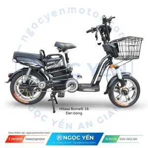 Xe đạp điện Hitasa Bomelli 16 màu đen bóng, có giỏ phía trước.