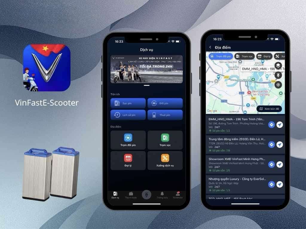 Hình ảnh mô tả ứng dụng VinFast E-Scooter trên điện thoại di động.