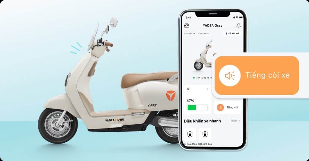 Xe máy điện YADEA Oxy kết nối điện thoại, hiển thị trạng thái pin và điều khiển từ xa.