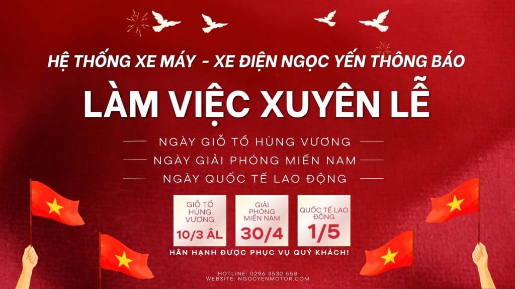 Hình ảnh về hệ thống xe máy và xe điện Ngọc Yến với thông báo về làm việc xuyên lễ.