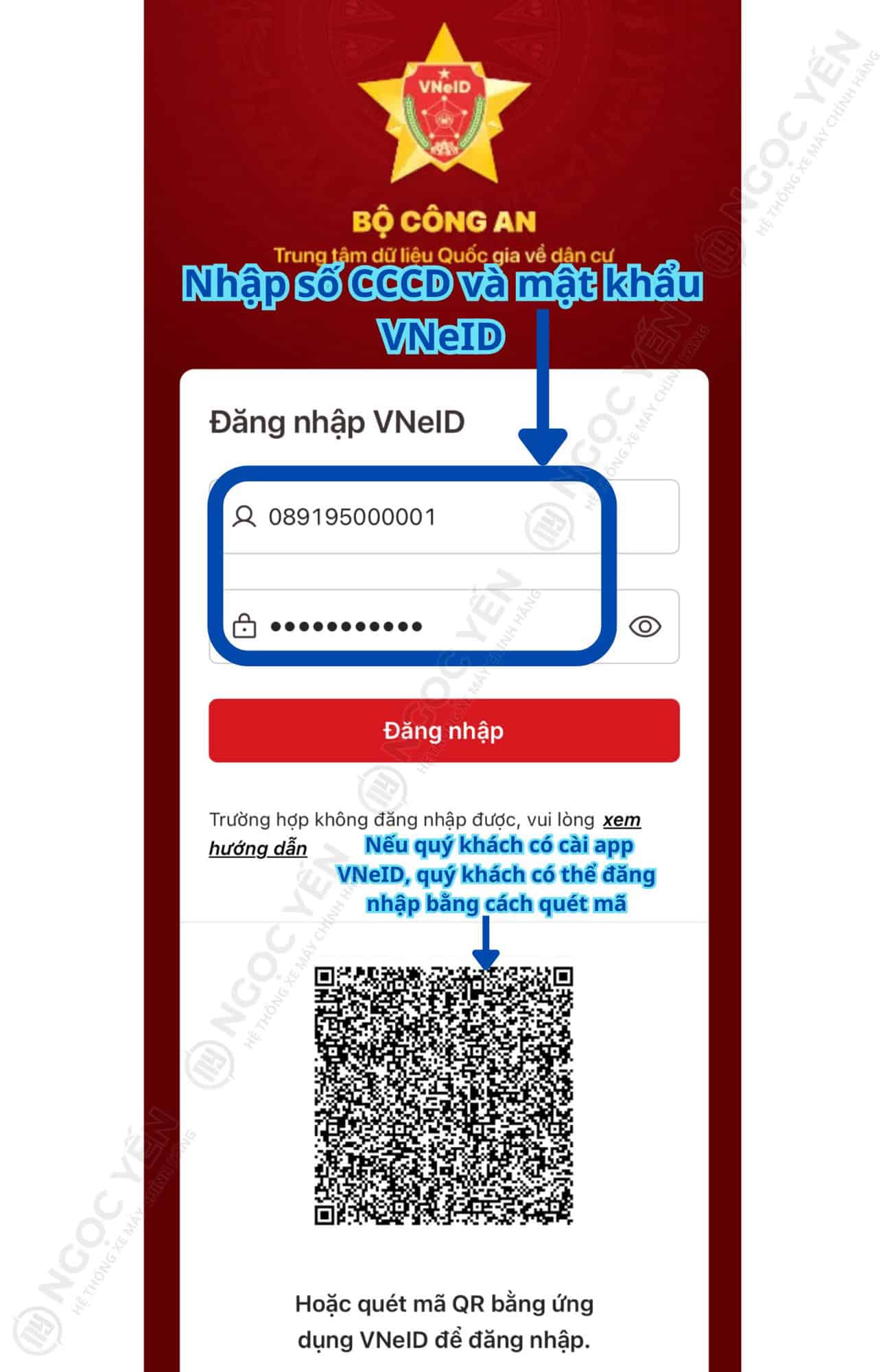 Giao diện đăng nhập VNeID với mã QR và hướng dẫn.