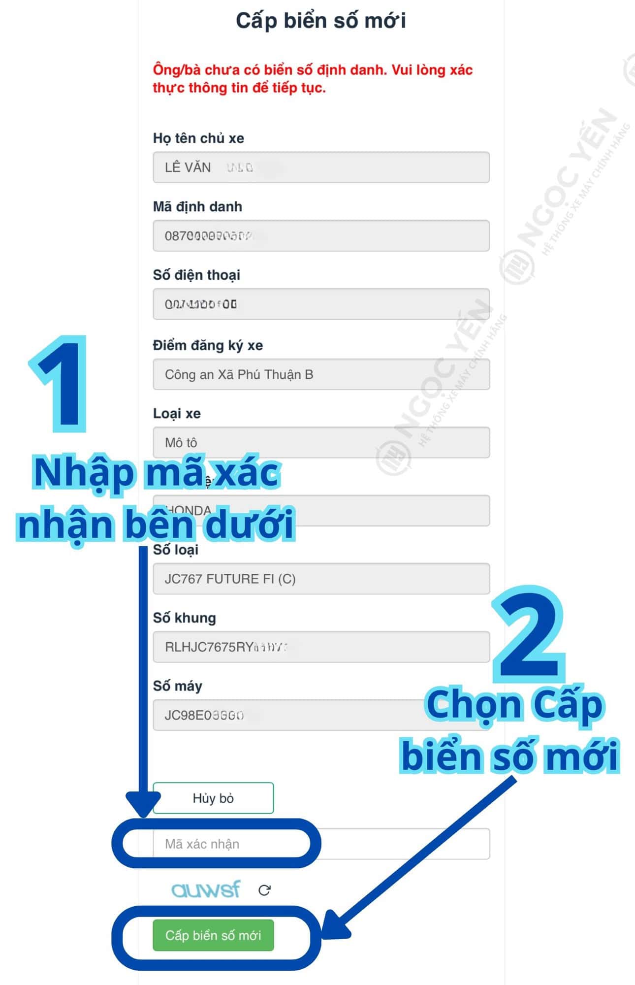Giao diện nhập thông tin đăng ký biển số xe mới.