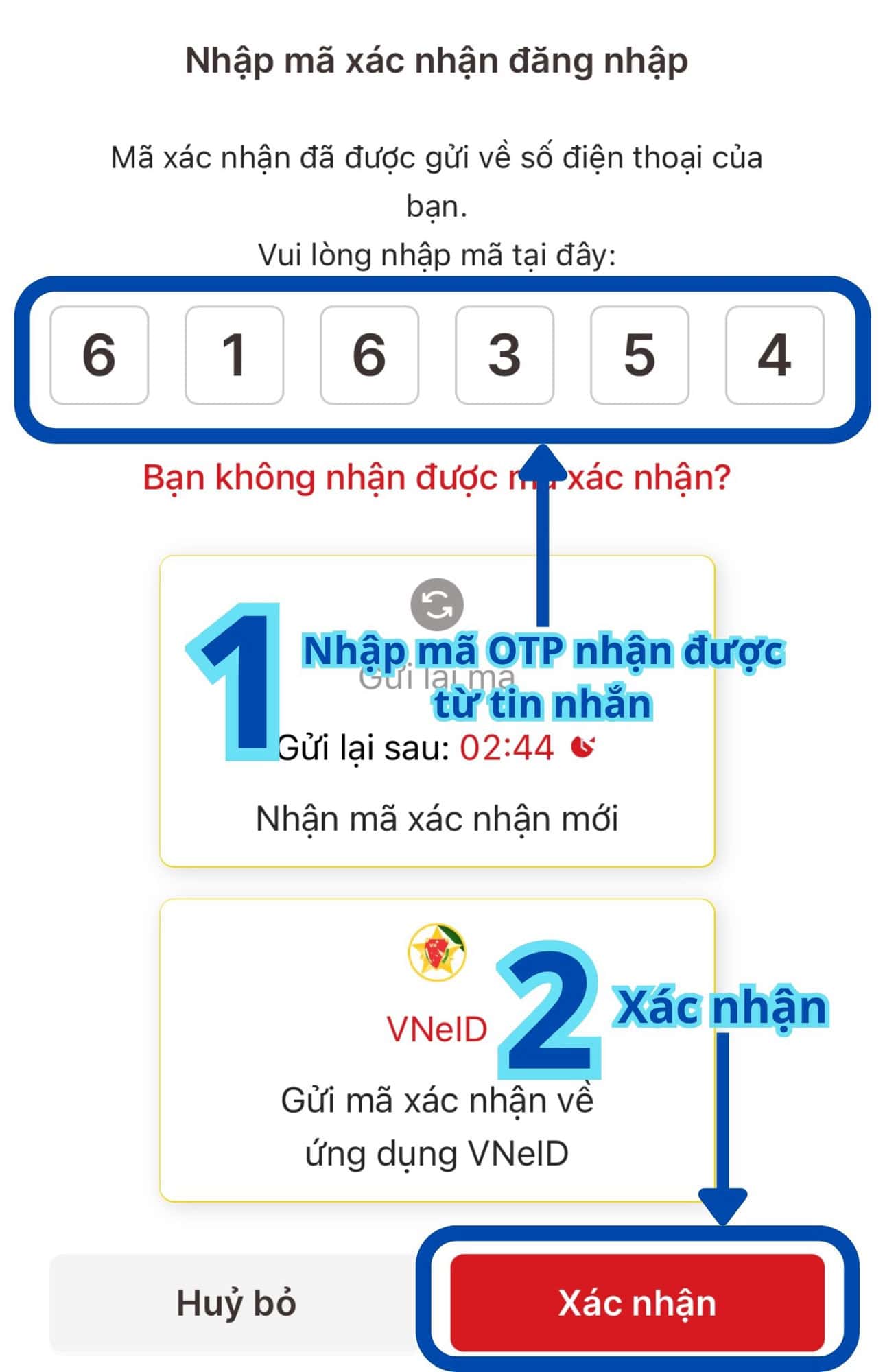 Giao diện xác nhận mã OTP đăng nhập VNeID trên điện thoại.