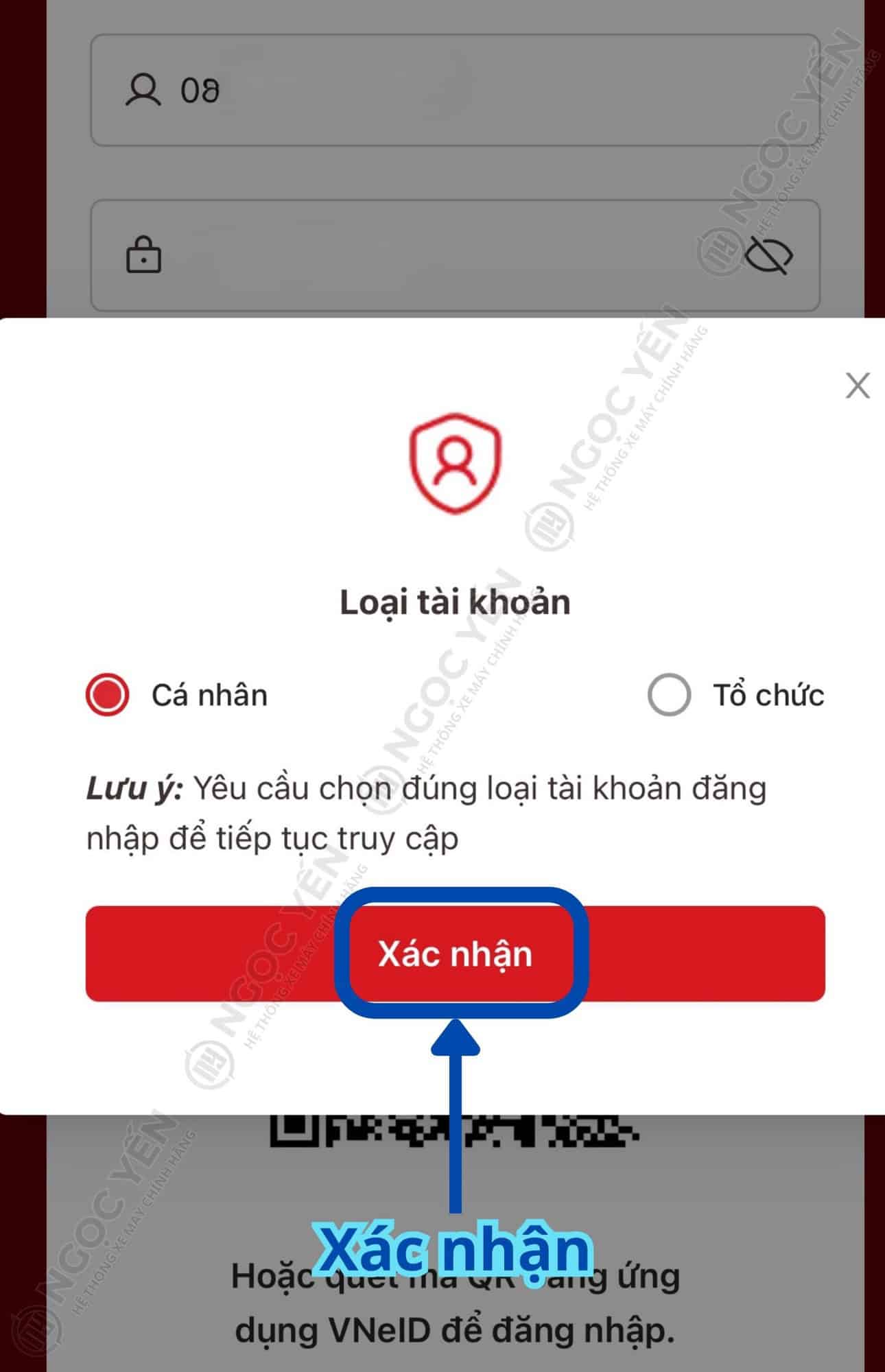 Giao diện chọn loại tài khoản cá nhân hoặc tổ chức trong ứng dụng.
