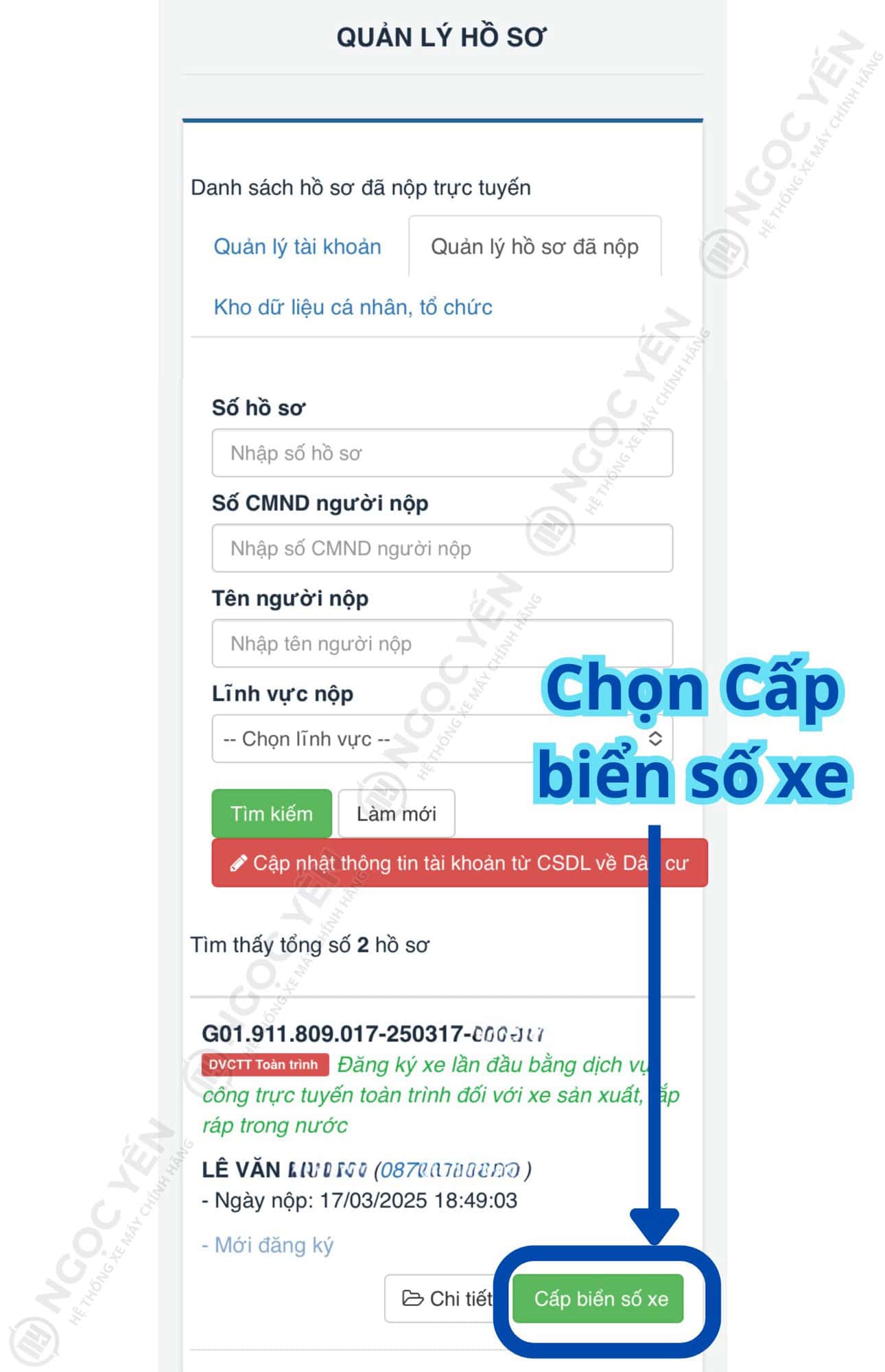 Màn hình quản lý hồ sơ xe với các trường thông tin và nút cập nhật.
