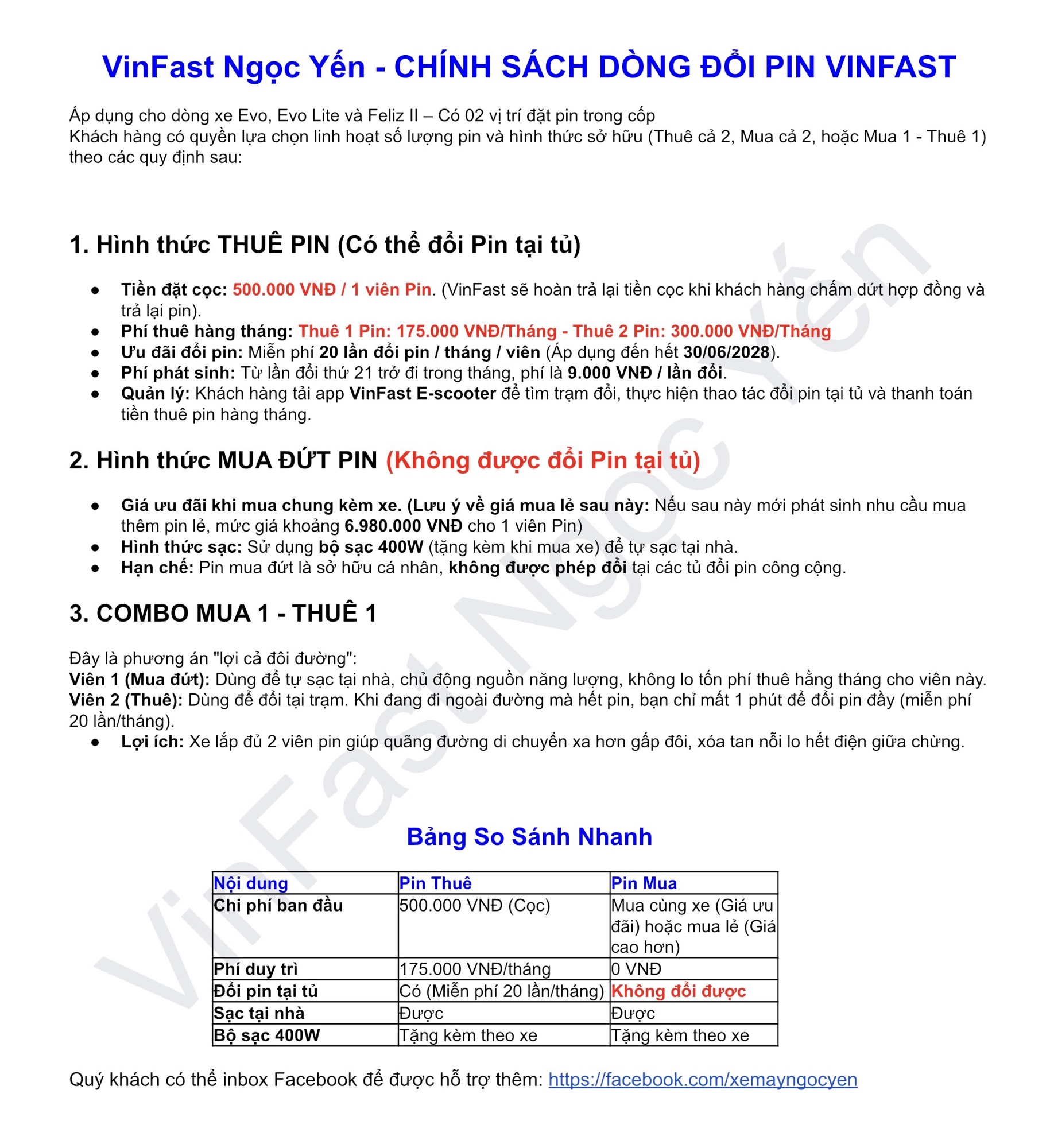 Thông tin về thuê pin, mua pin và combo mua 1 - thuê 1.