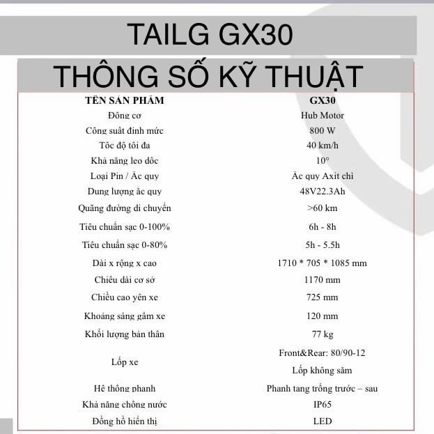 Bảng thông số kỹ thuật của xe Tailg GX30.