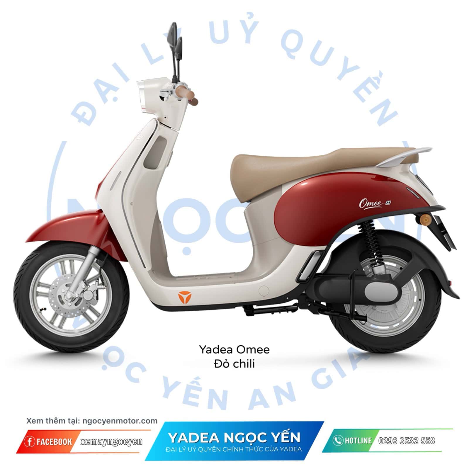 Xe máy điện Yadea Omeee màu đỏ với ghế da beige và thiết kế hiện đại.