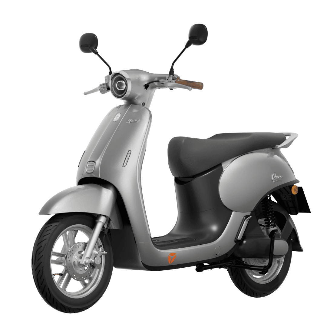 Xe máy điện Vespa Elettrica màu xám bạc, thiết kế cổ điển, phù hợp di chuyển đô thị.