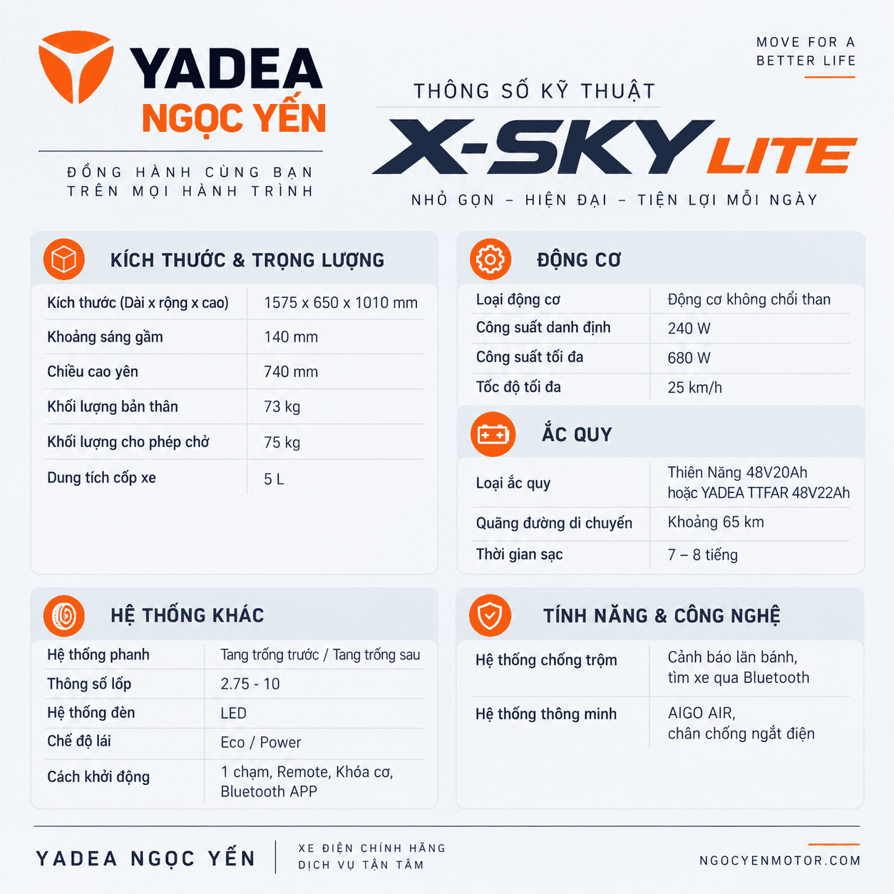 Hình ảnh xe đạp điện Yadea X-Sky Lite màu trắng và cam.